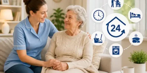 Caregiver in blue uniform sits with an elderly woman on a sofa, sharing a warm moment at home.