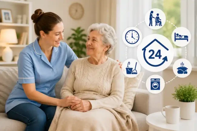 Caregiver in blue uniform sits with an elderly woman on a sofa, sharing a warm moment at home.