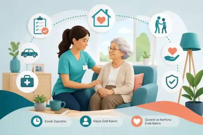 Nurse in teal scrubs sits beside an elderly woman on a sofa, with floating icons representing home care services around them.