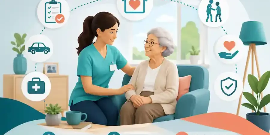Ambulanter Pflegedienst Nurse in teal scrubs sits beside an elderly woman on a sofa, with floating icons representing home care services around them.