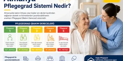 Turkish infographic explaining Germany's Pflegegrad system: five color-coded levels with point ranges, and a nurse helping an elderly woman beside the chart.