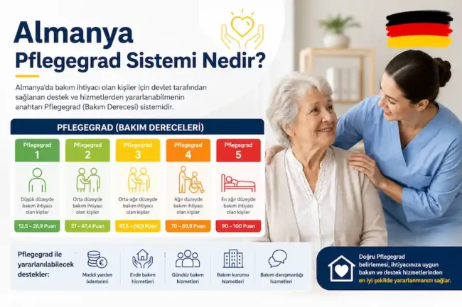 Turkish infographic explaining Germany's Pflegegrad system: five color-coded levels with point ranges, and a nurse helping an elderly woman beside the chart.