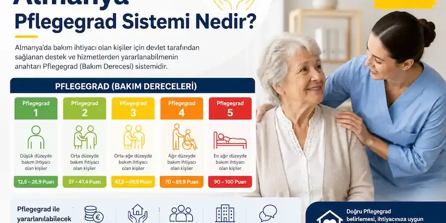 Almanya Pflegegrad Sistemi Nedir? Turkish infographic explaining Germany's Pflegegrad system: five color-coded levels with point ranges, and a nurse helping an elderly woman beside the chart.